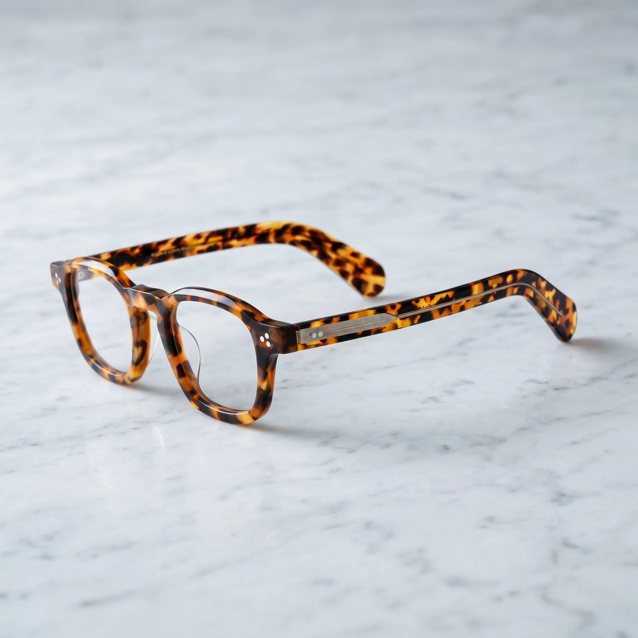 Barledear Amber Leopard Tortoise eyeglasses angled side view showing warm tortoise pattern and bridge detail