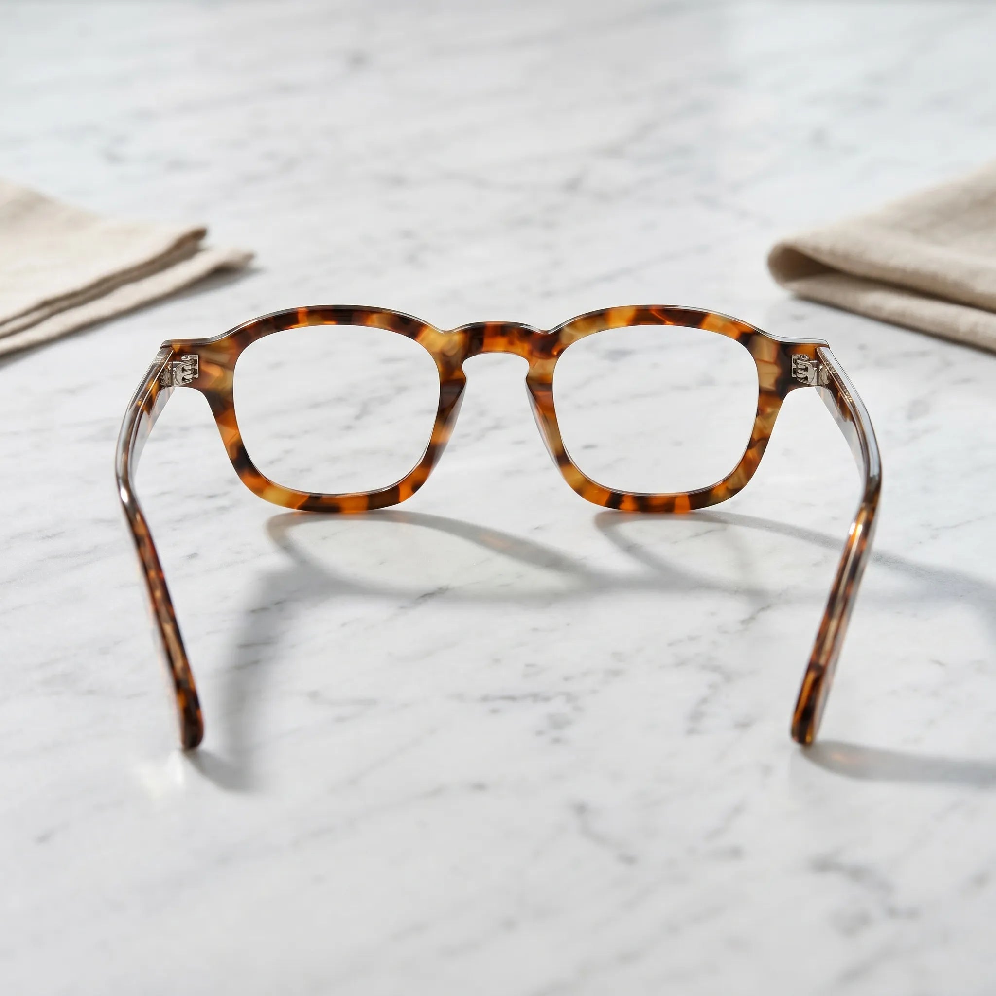 Barledear Amber Leopard Tortoise eyeglasses back view showing integrated nose pads, temple shape, and full-rim frame structure