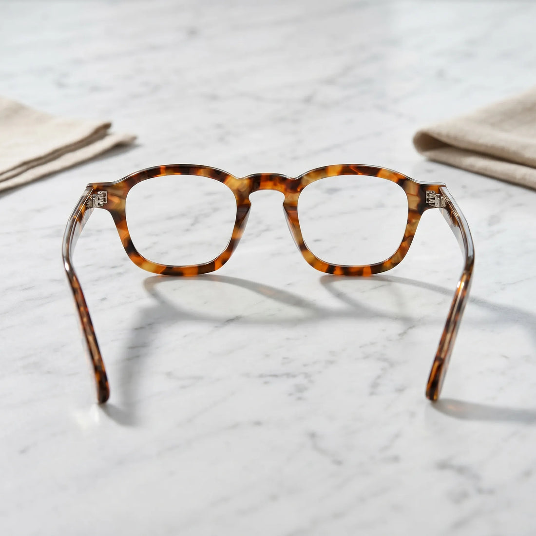 Barledear Amber Leopard Tortoise eyeglasses back view showing integrated nose pads, temple shape, and full-rim frame structure