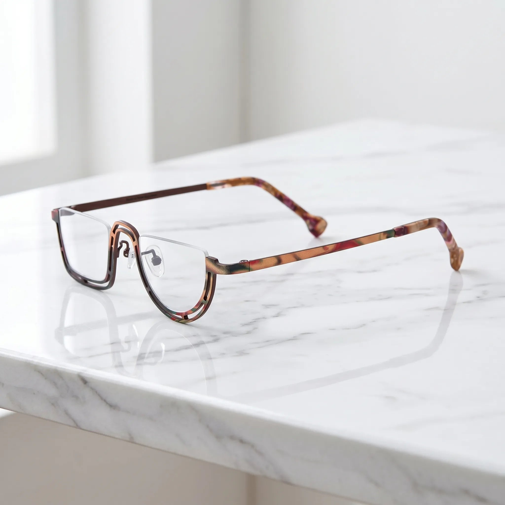 Barledear Amber Mosaic Brown eyeglasses angled side view showing patterned titanium temples and bridge
