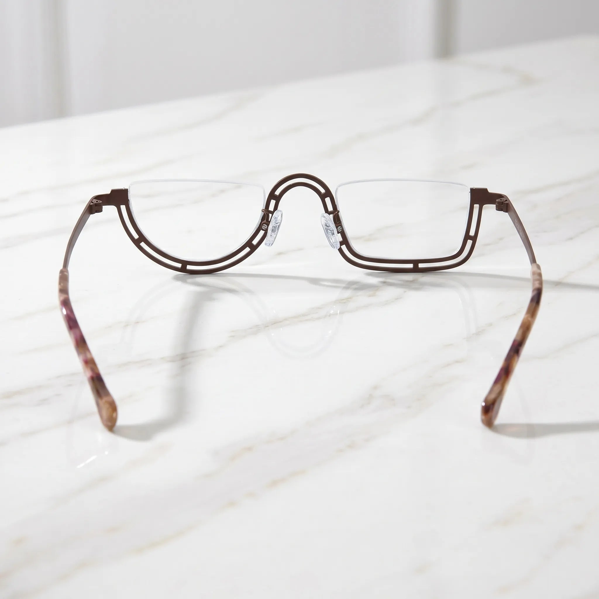 Barledear Amber Mosaic Brown eyeglasses back view showing temple shape and semi-rim frame structure