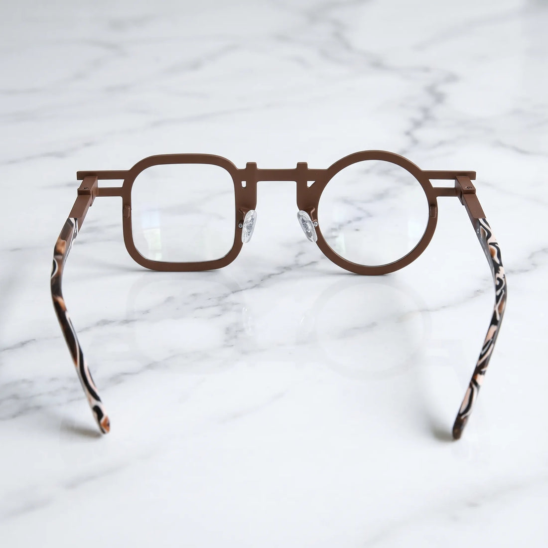 Barledear Amber Mosaic Brown eyeglasses back view showing temple shape, bridge detail, and full-rim frame structure