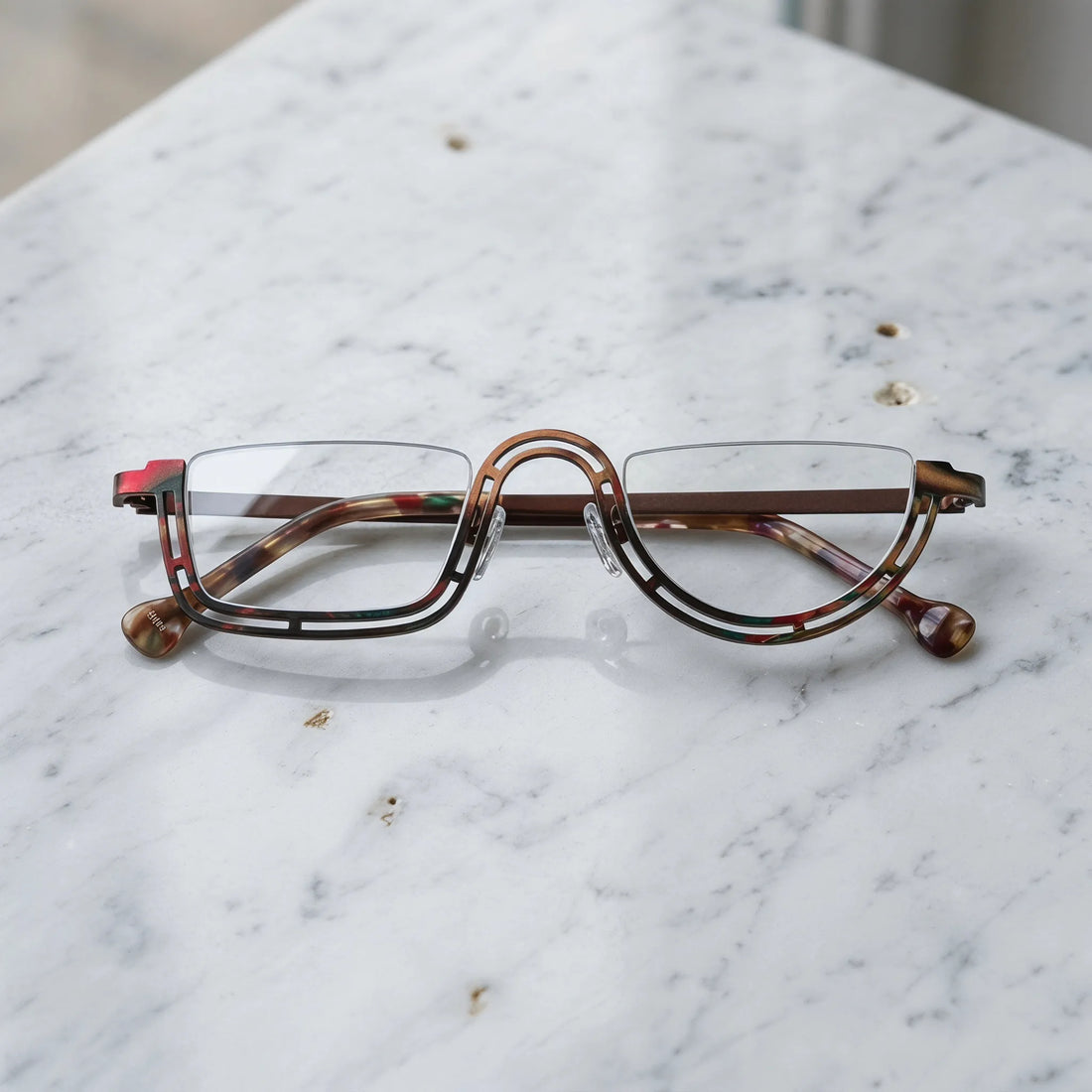 Barledear Amber Mosaic Brown eyeglasses folded display showing slim temples and artistic frame design
