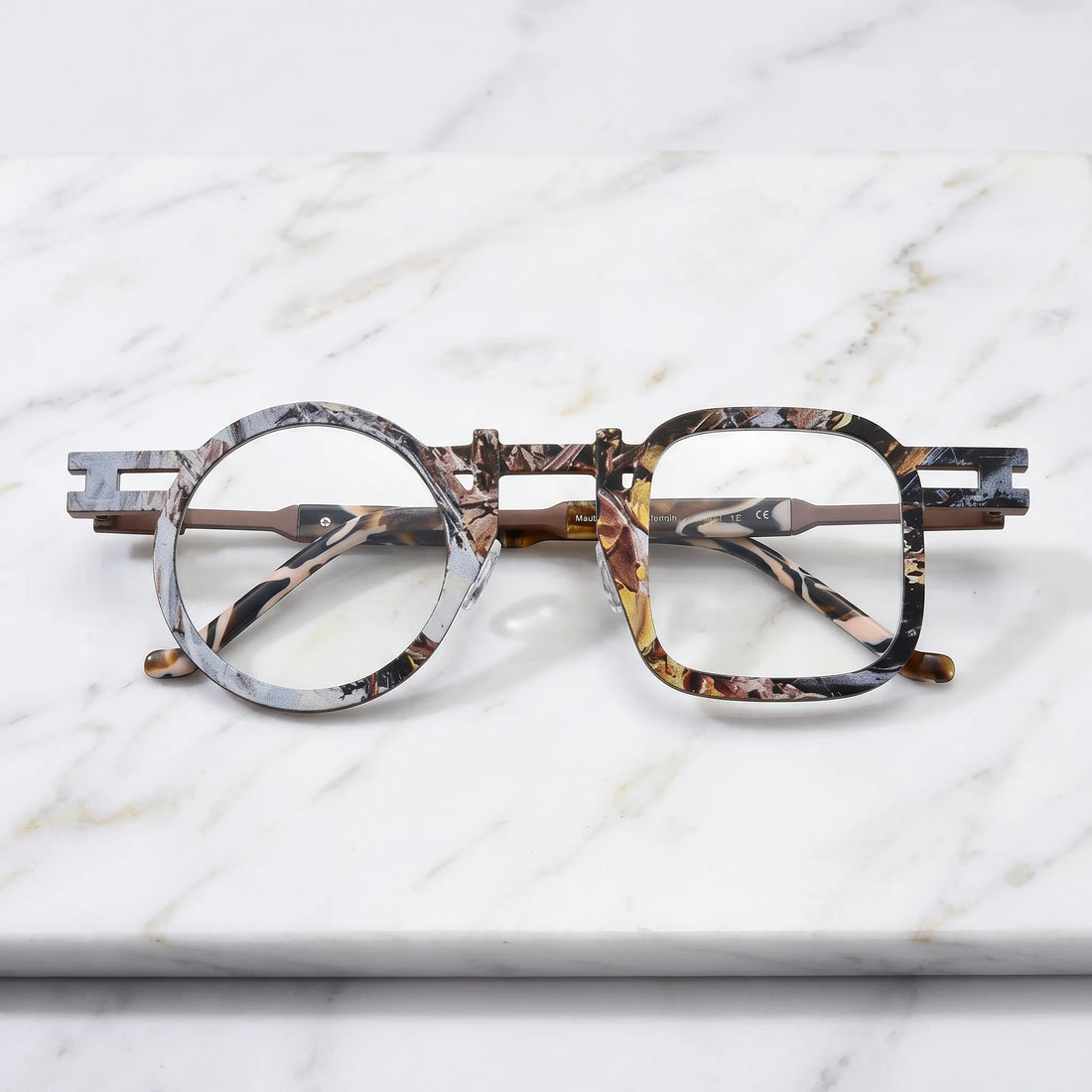 Barledear Amber Mosaic Brown eyeglasses folded display showing patterned temples and full-rim frame structure