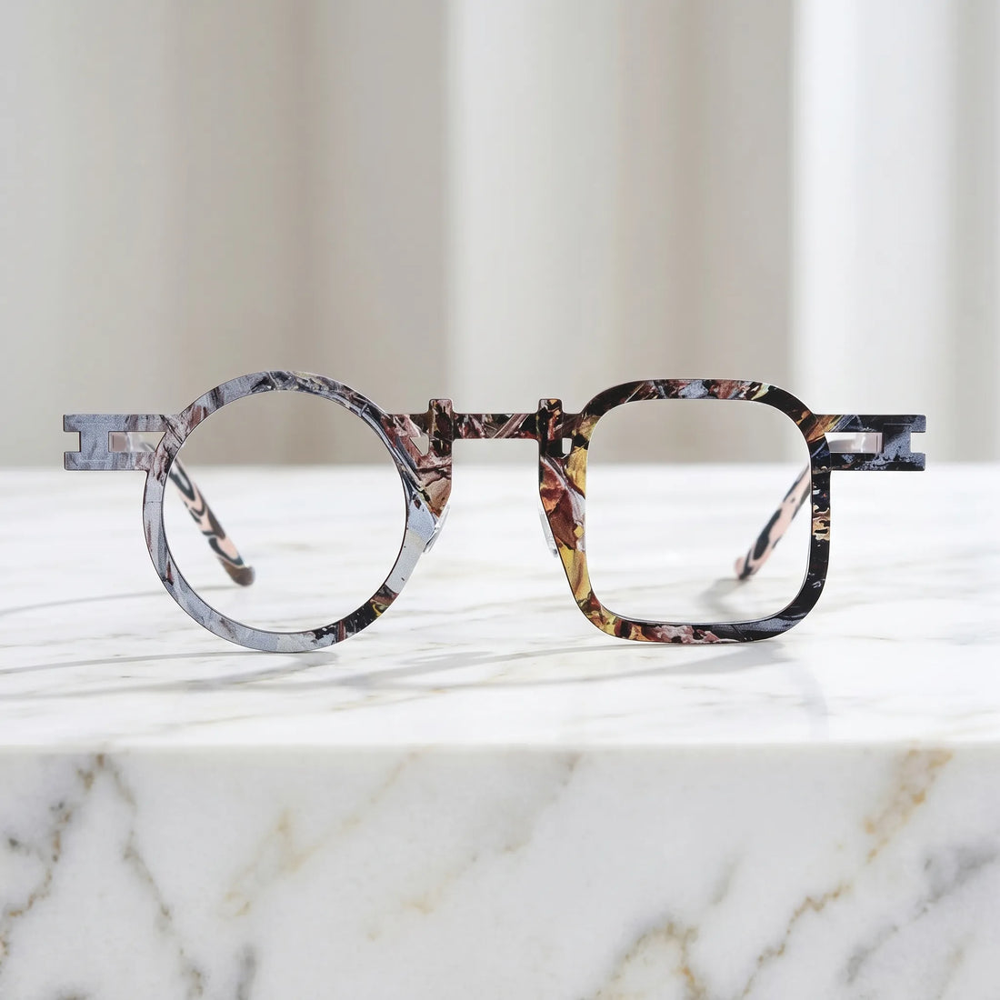 Barledear Amber Mosaic Brown eyeglasses shown in a clean lifestyle front view with warm mosaic geometric frame detail