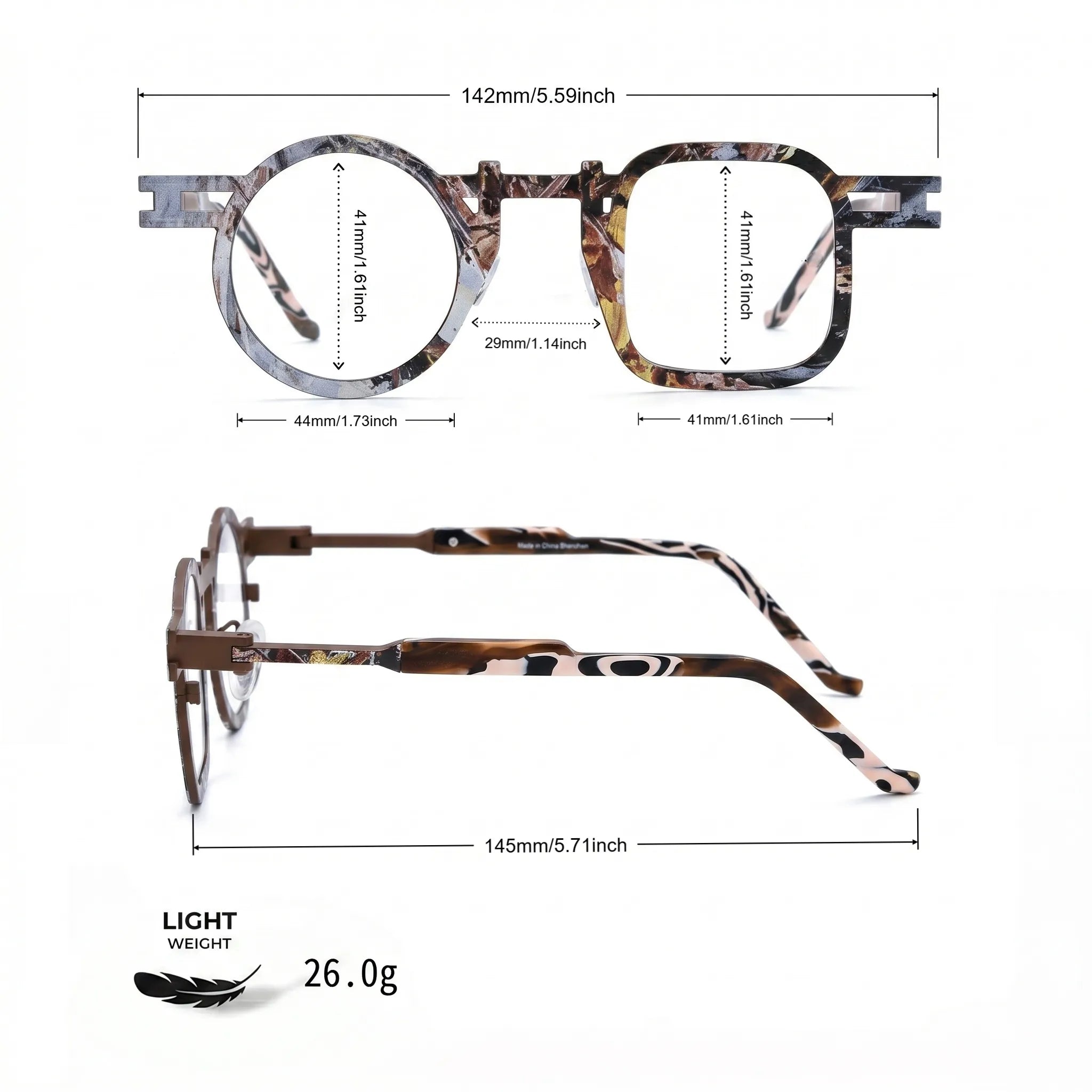 Barledear Amber Mosaic Brown eyeglasses size chart showing 142mm frame width, 44mm left lens width, 41mm right lens width, 41mm lens height, 29mm bridge, and 145mm temple
