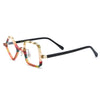 Barledear Amber Mosaic asymmetric geometric acetate eyeglasses angled side view showing the layered warm-tone frame, metal hinges, and slim black temples.