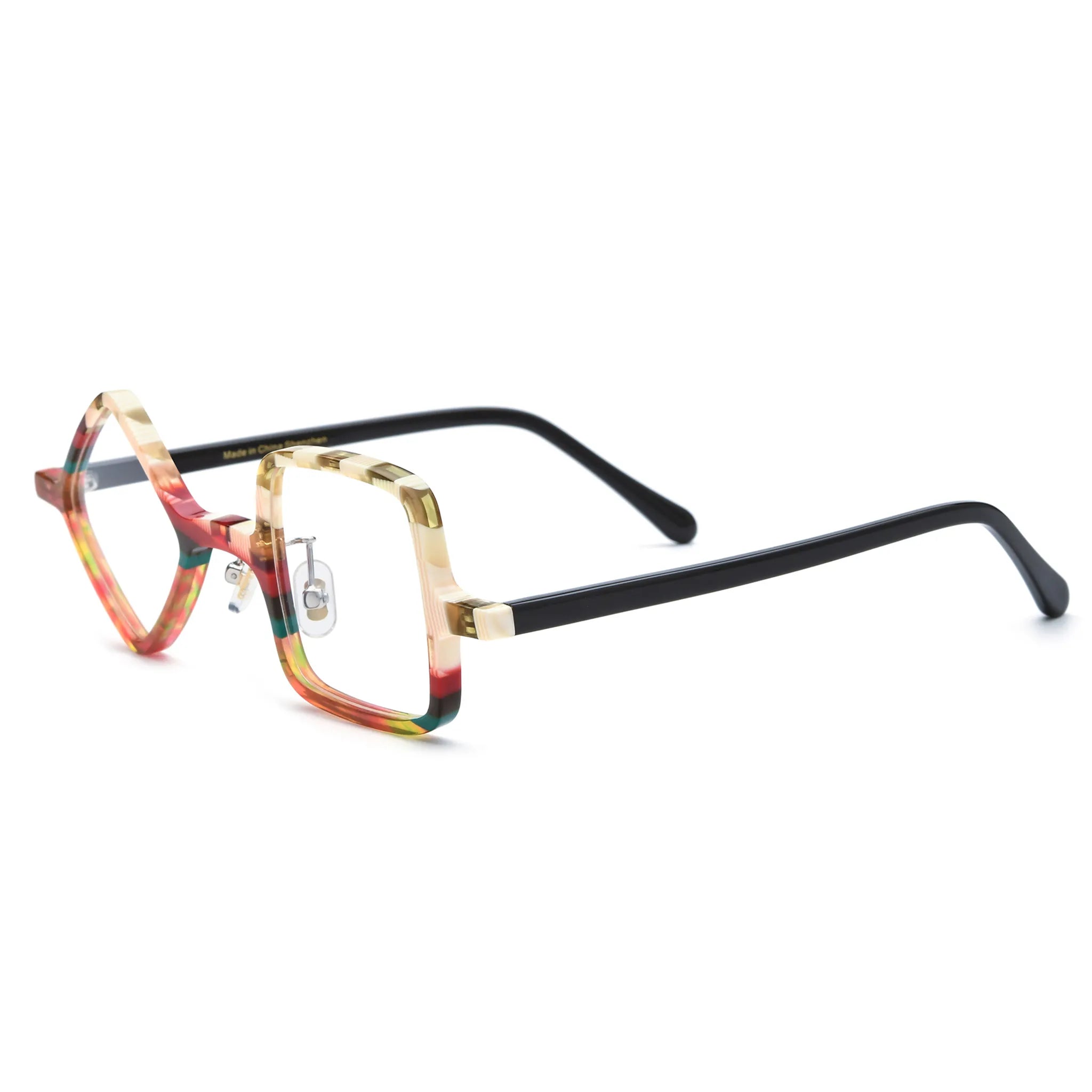 Barledear Amber Mosaic asymmetric geometric acetate eyeglasses angled side view showing the layered warm-tone frame, metal hinges, and slim black temples.