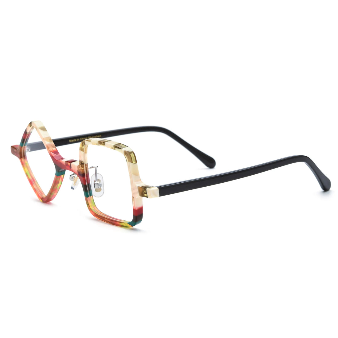 Barledear Amber Mosaic asymmetric geometric acetate eyeglasses angled side view showing the layered warm-tone frame, metal hinges, and slim black temples.