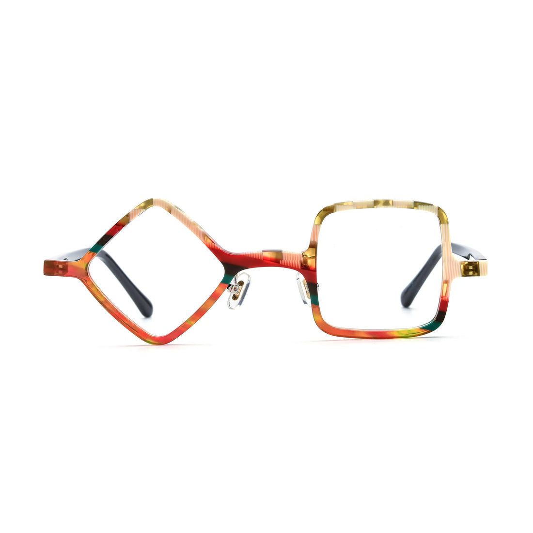 Barledear Amber Mosaic asymmetric geometric acetate eyeglasses front view with amber, orange, red, cream, and green mosaic details with mismatched lens shapes.