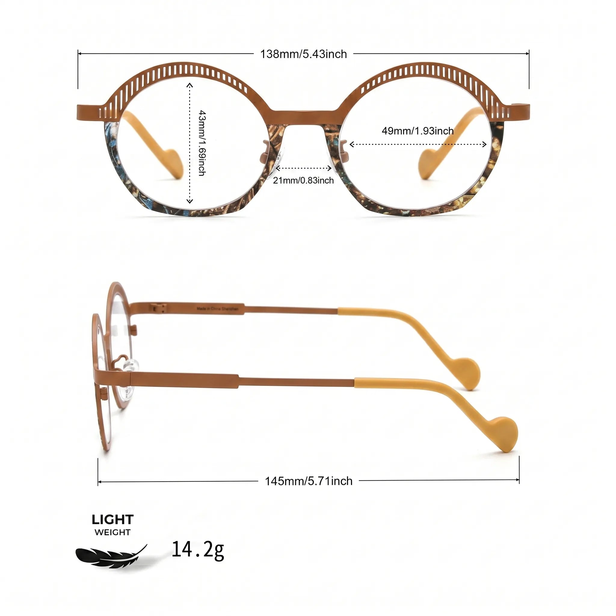 Barledear Amber Mosaic eyeglasses size chart showing 138 mm frame width, 49 mm lens width, 43 mm lens height, 21 mm bridge, and 145 mm temple length