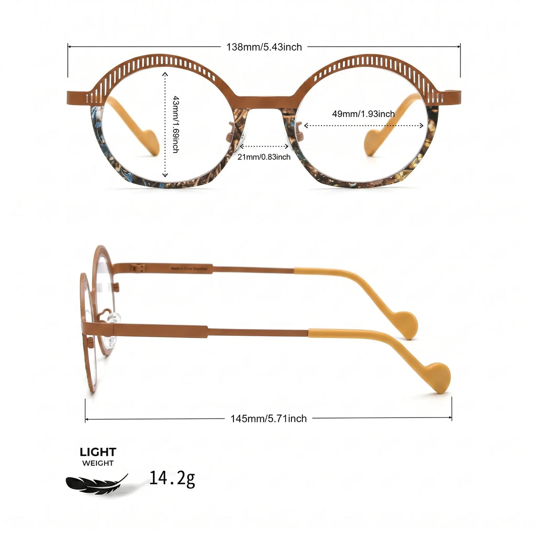 Barledear Amber Mosaic eyeglasses size chart showing 138 mm frame width, 49 mm lens width, 43 mm lens height, 21 mm bridge, and 145 mm temple length