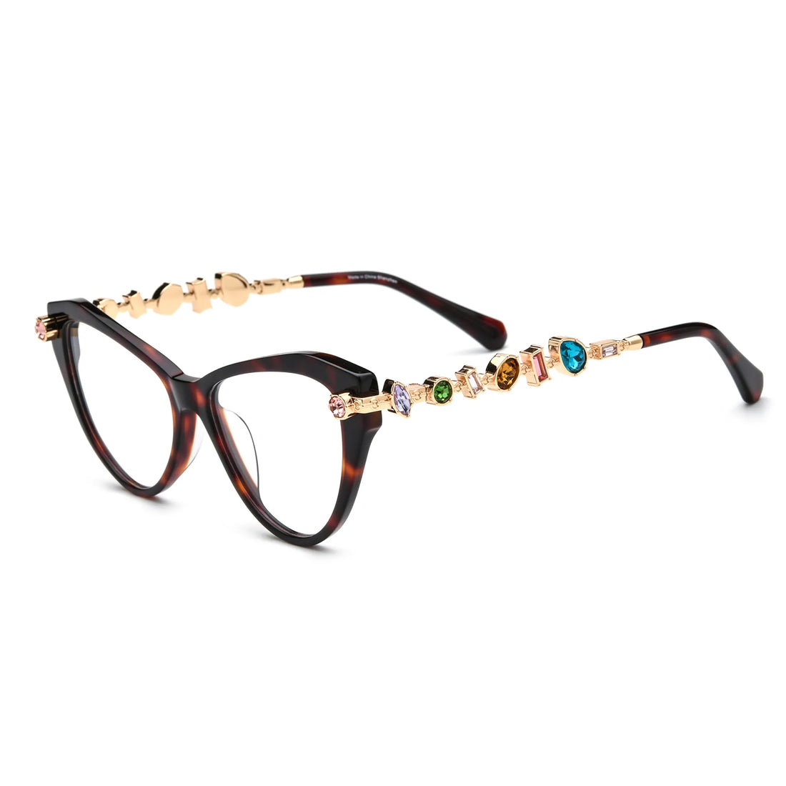 Barledear Amber Tortoise eyeglasses angled side view highlighting multicolor geometric crystal accents along the gold-tone temples