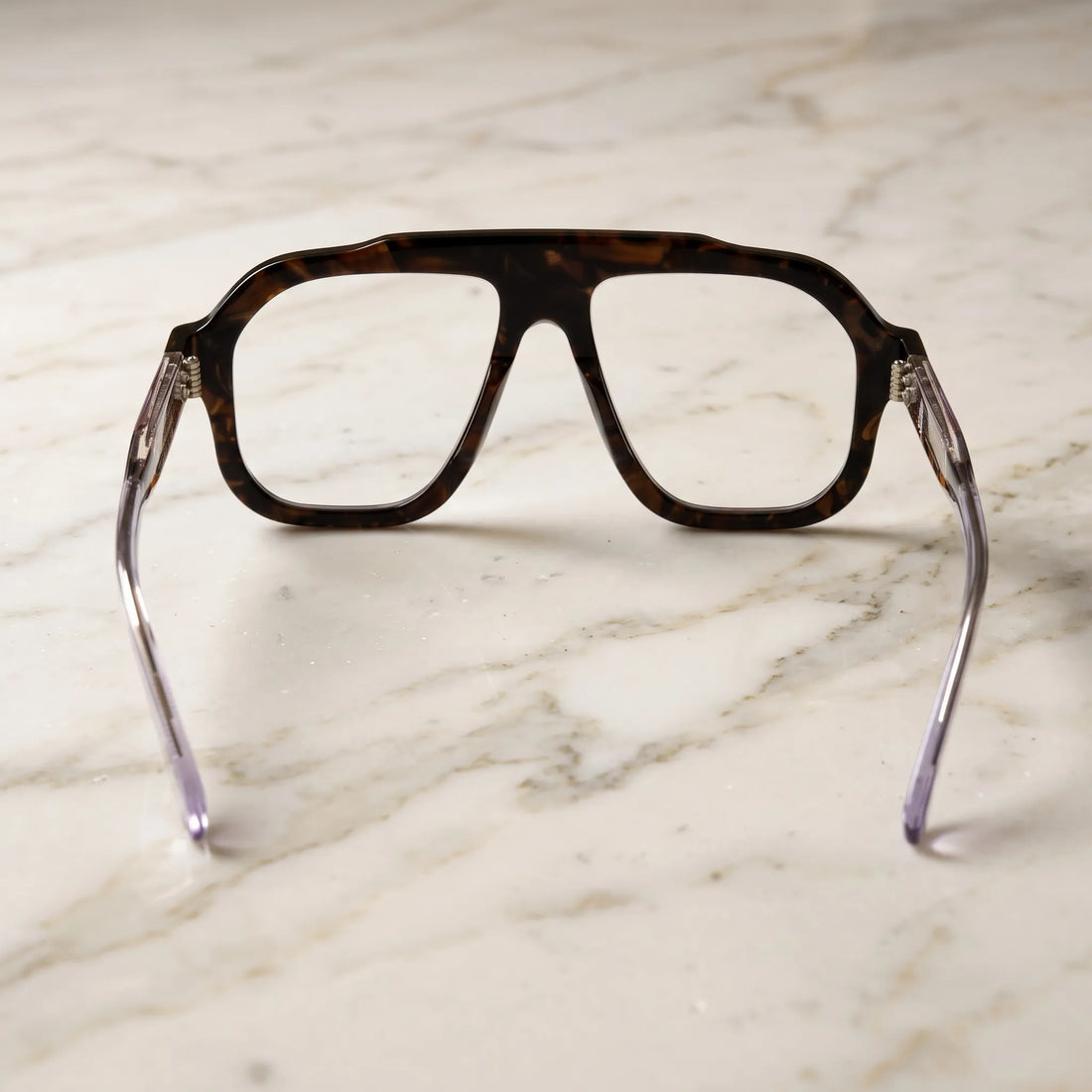 Barledear Amber Tortoise eyeglasses back view showing the full-rim square aviator structure, integrated nose pads and clear temples