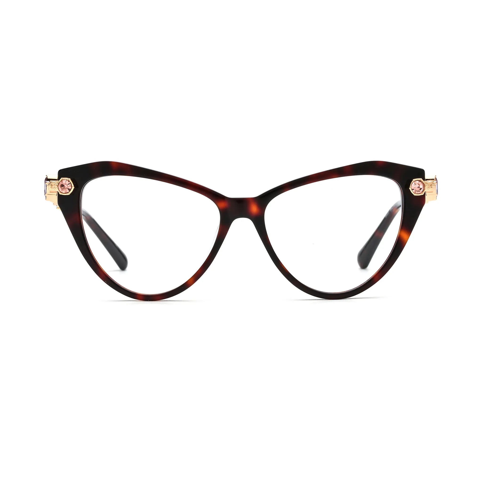 Barledear Amber Tortoise geometric cat-eye eyeglasses front view with a glossy dark tortoise acetate frame and gold-tone jeweled temples
