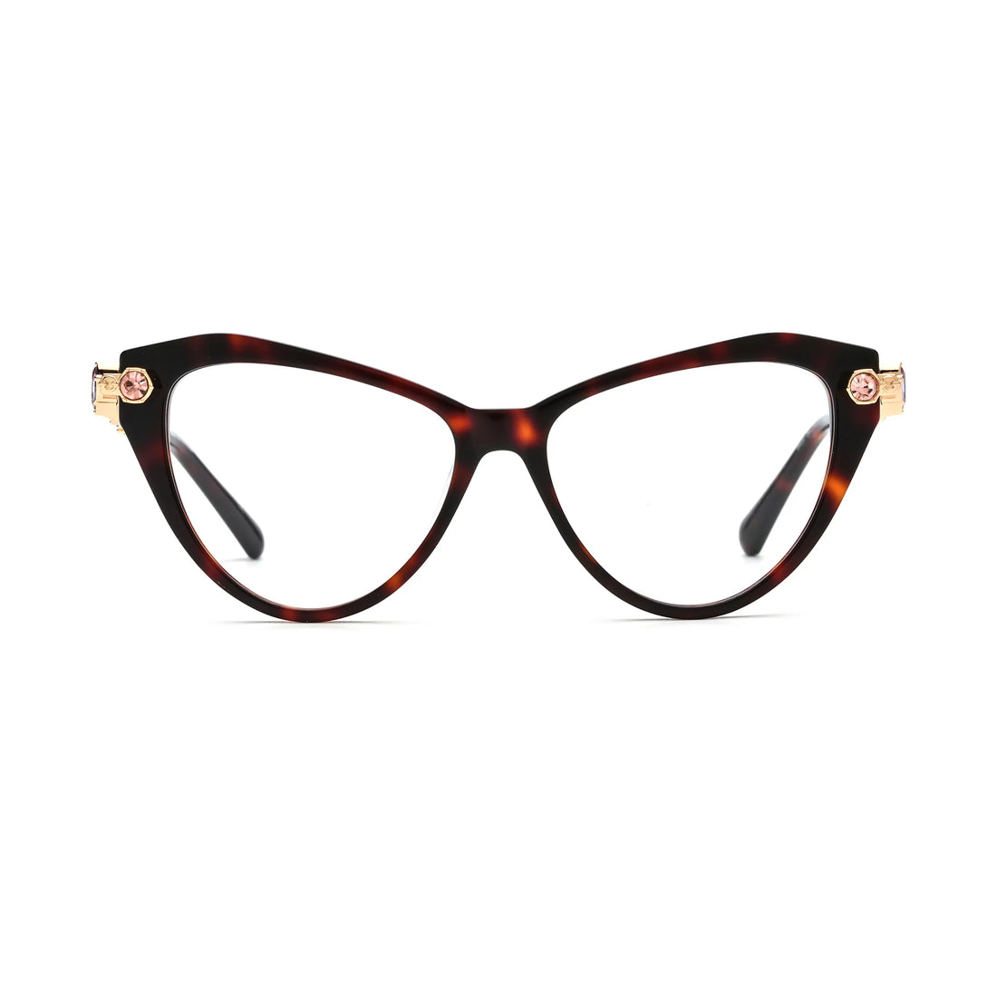 Barledear Amber Tortoise geometric cat-eye eyeglasses front view with a glossy dark tortoise acetate frame and gold-tone jeweled temples