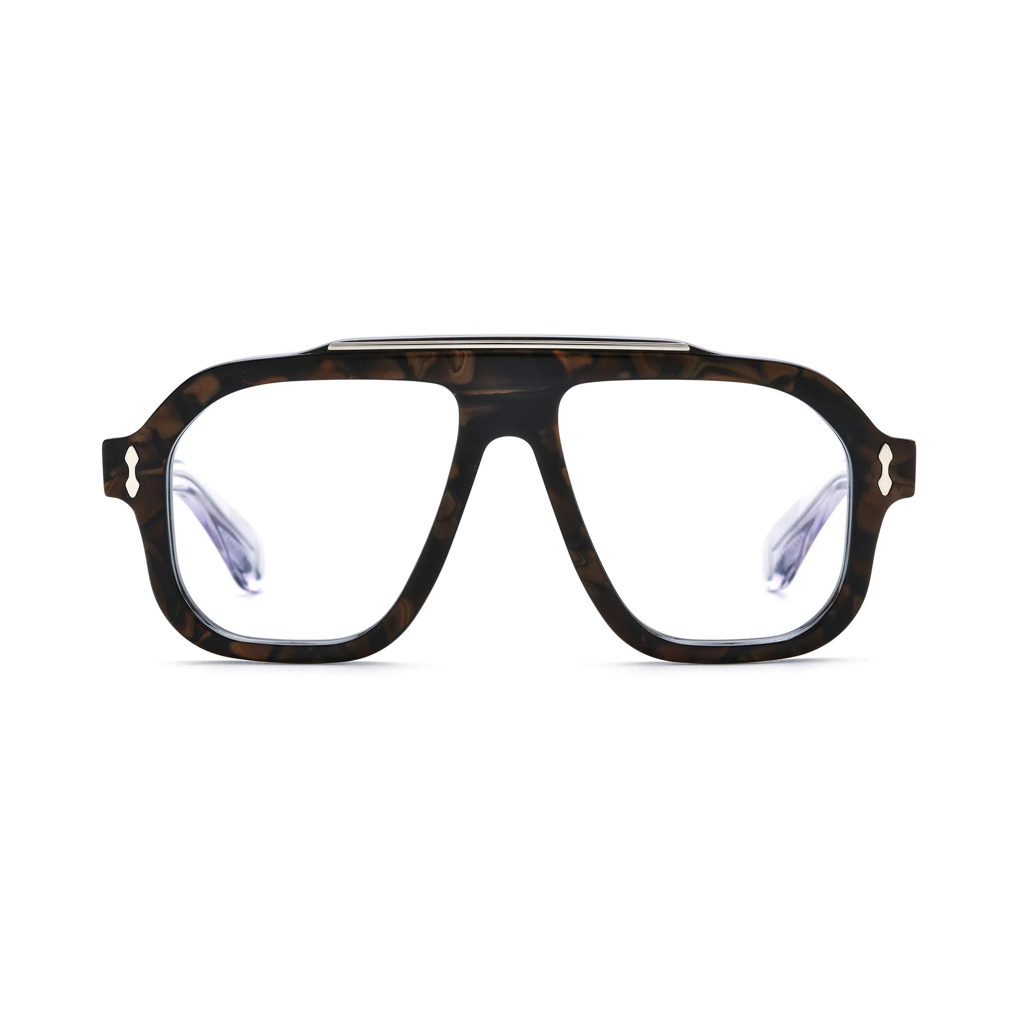 Barledear Amber Tortoise square aviator acetate eyeglasses front view with rich brown tortoise pattern and silver-tone brow accent