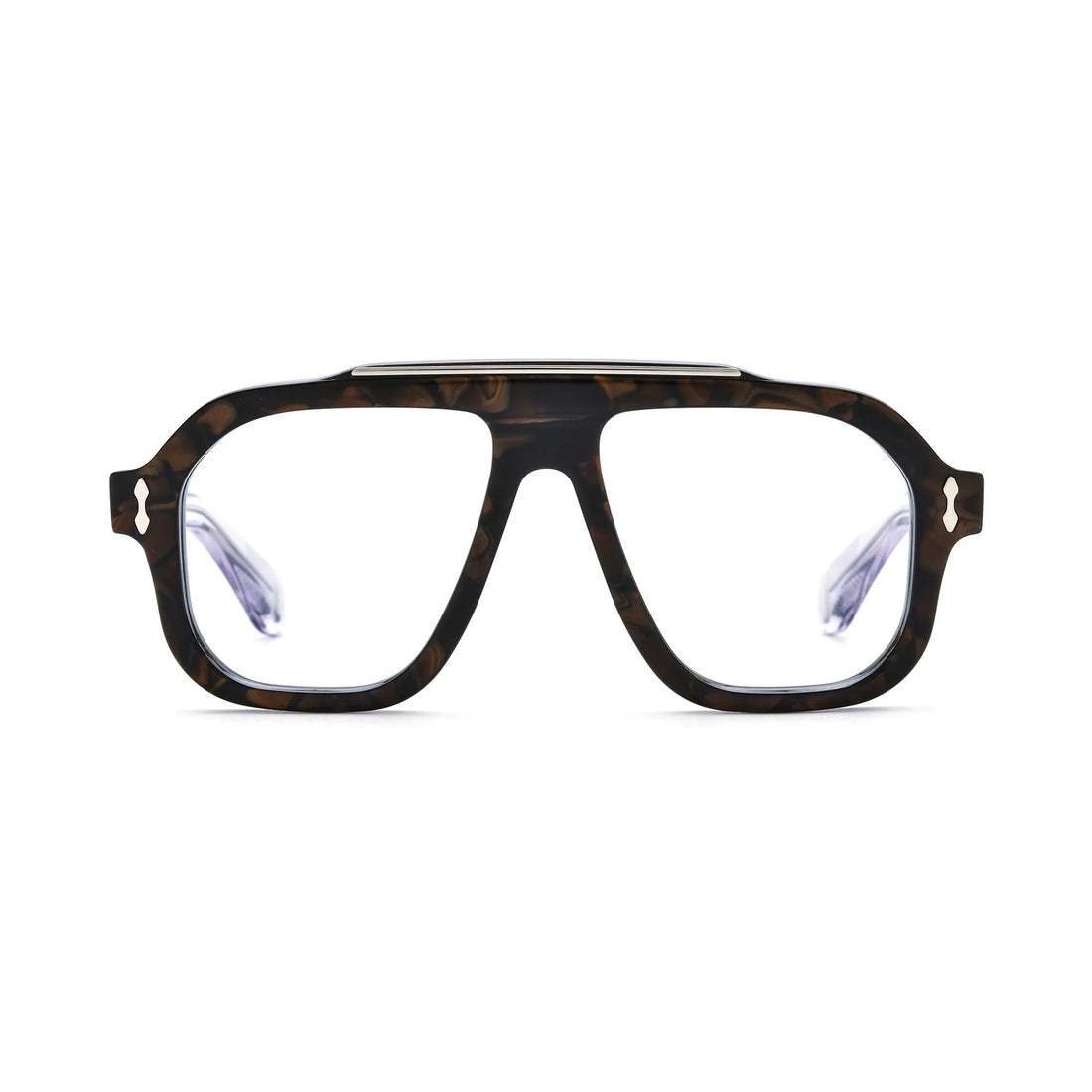 Barledear Amber Tortoise square aviator acetate eyeglasses front view with rich brown tortoise pattern and silver-tone brow accent