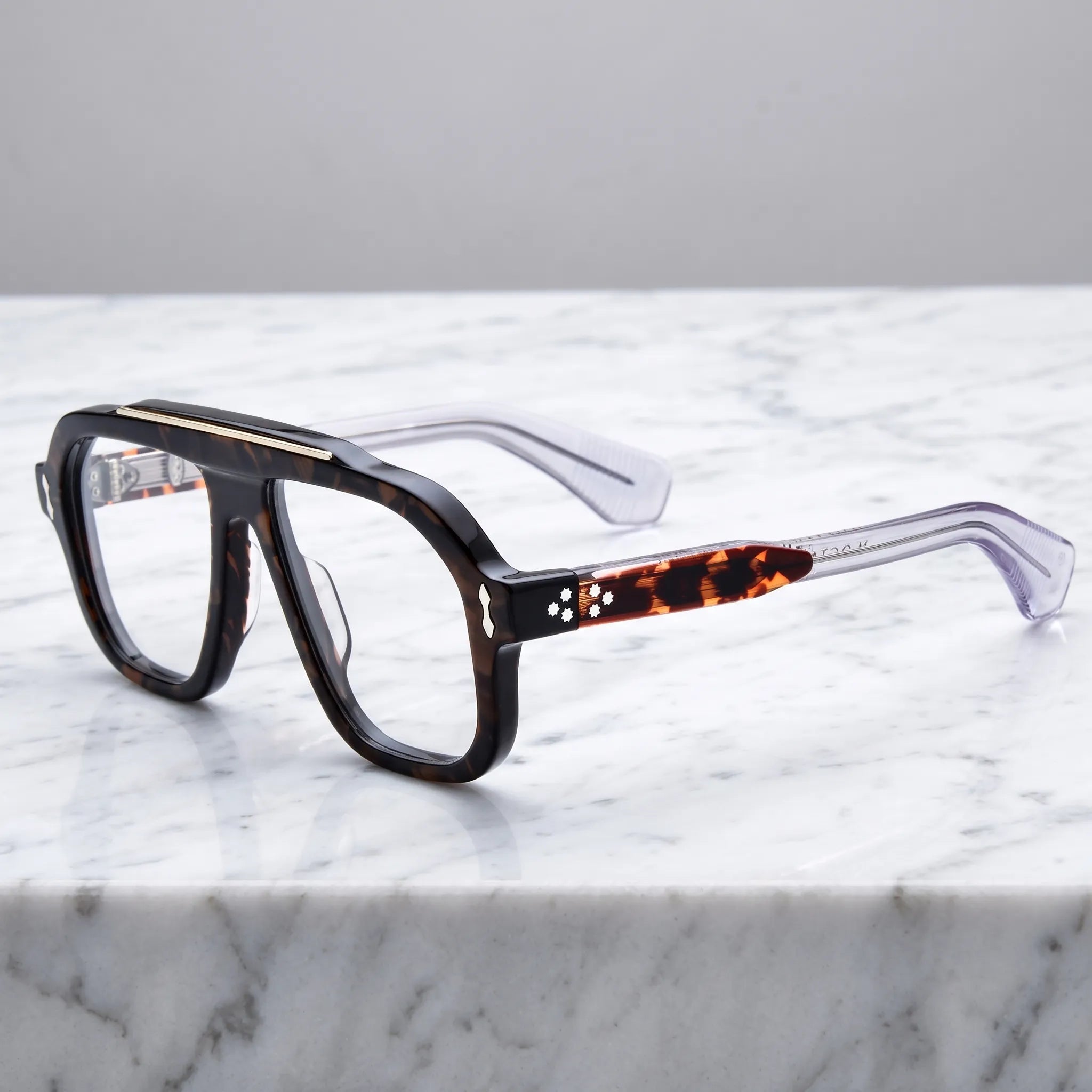Barledear Amber Tortoise eyeglasses angled side view showing tortoise temple accents, clear temple arms and silver-tone metal inlays
