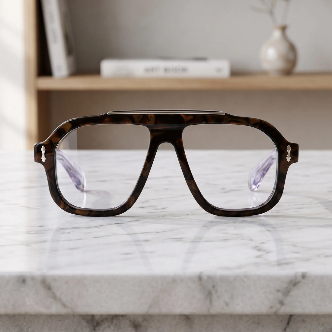 Barledear Amber Tortoise square aviator eyeglasses displayed in a clean lifestyle front view with polished brown acetate pattern