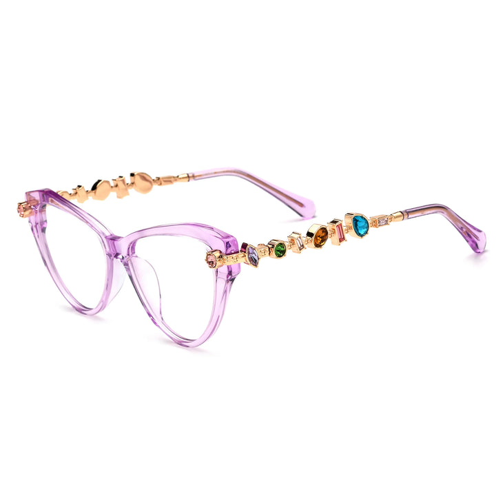 Barledear Amethyst Crystal eyeglasses angled side view highlighting multicolor geometric crystal accents along the gold-tone temples
