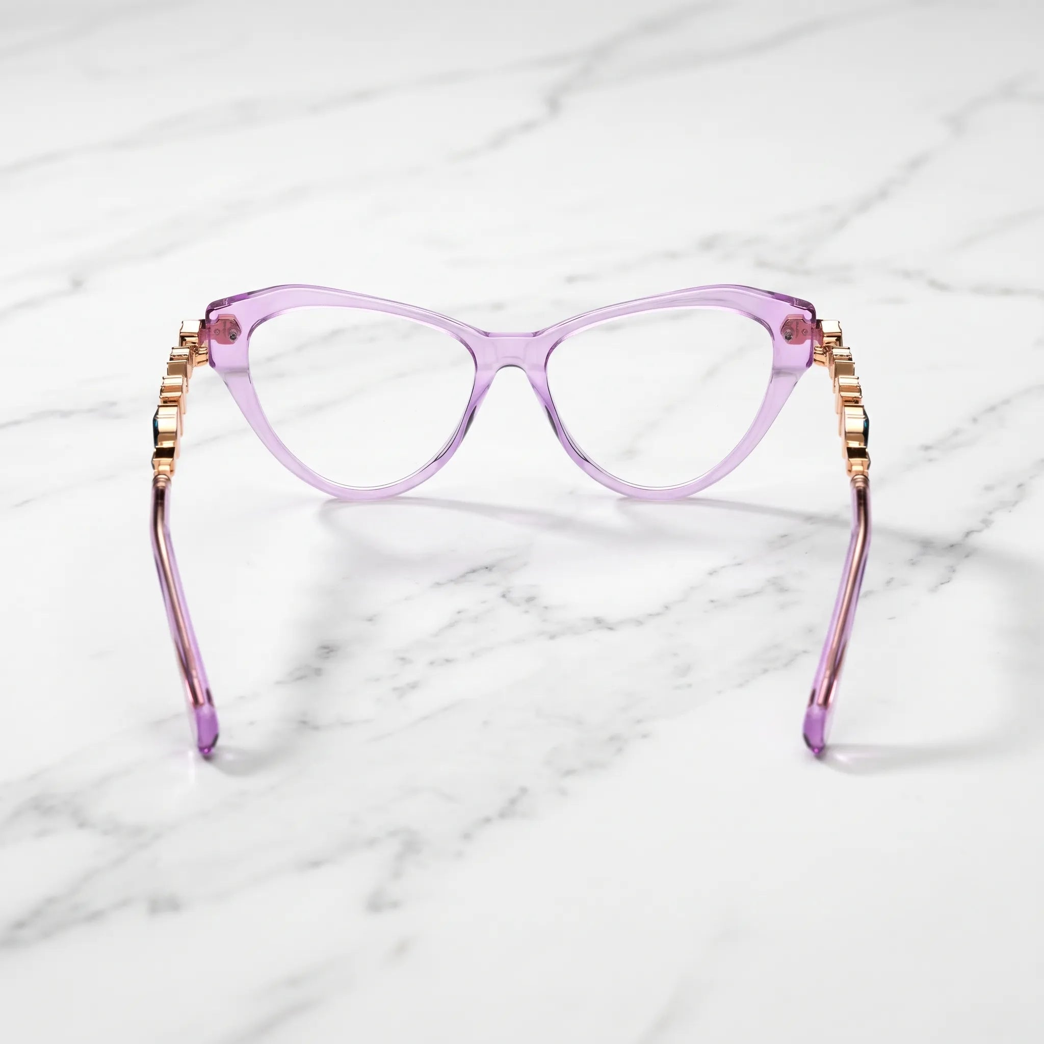 Barledear Amethyst Crystal eyeglasses back view showing the full-rim cat-eye structure, molded nose pads, and smooth acetate temple tips