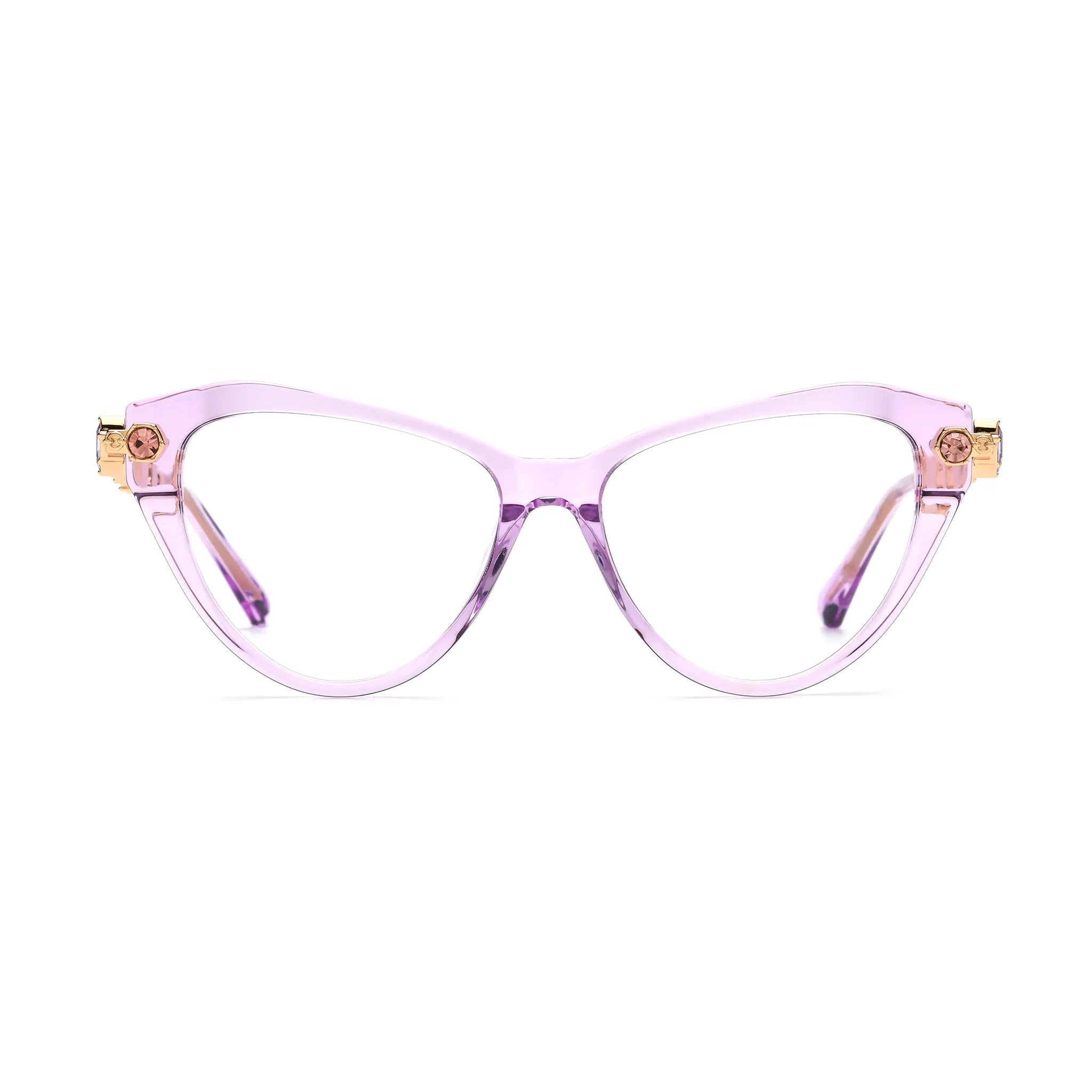 Barledear Amethyst Crystal geometric cat-eye eyeglasses front view with a translucent lilac acetate frame and gold-tone jeweled temples