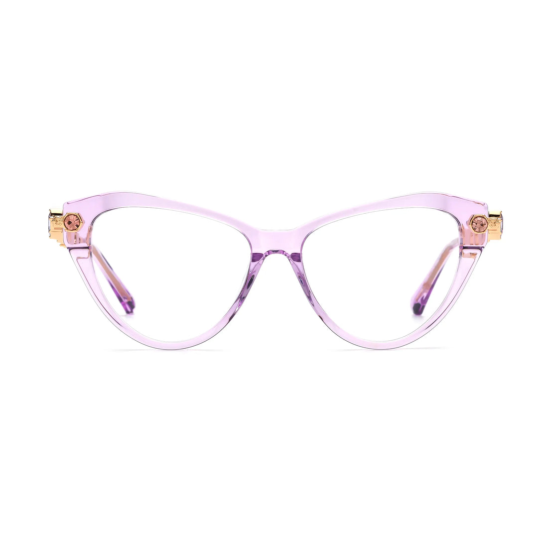 Barledear Amethyst Crystal geometric cat-eye eyeglasses front view with a translucent lilac acetate frame and gold-tone jeweled temples