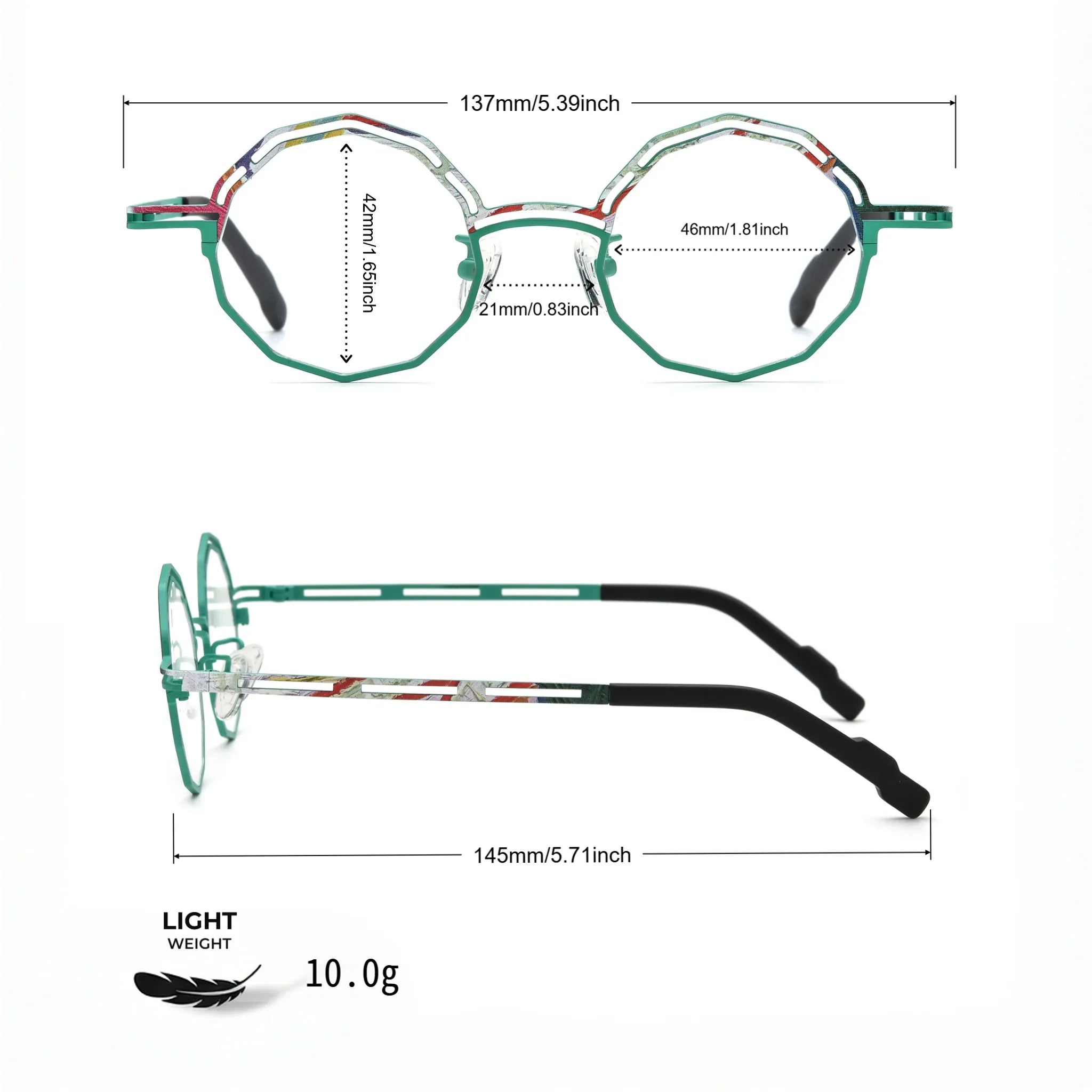 Barledear Aqua Mosaic eyeglasses size chart with 137mm frame width 46mm lens width 21mm bridge and 145mm temples