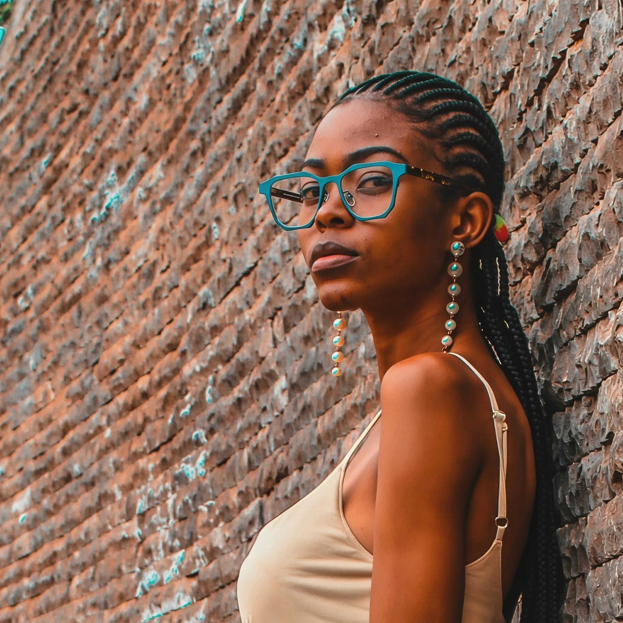 Model wearing Barledear Aqua Tortoise eyeglasses with modern geometric square titanium frame in a lifestyle portrait