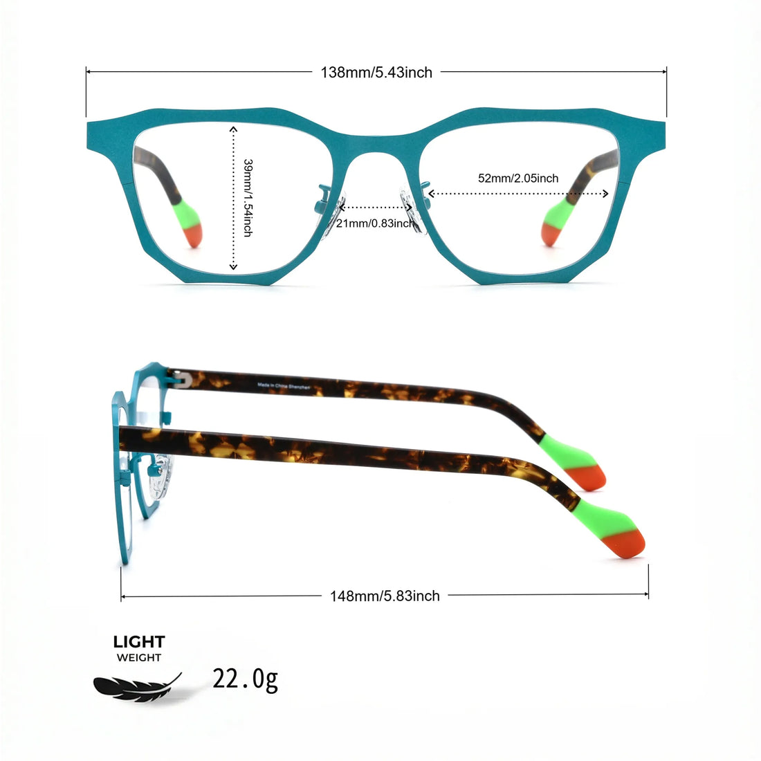 Barledear Aqua Tortoise eyeglasses size chart with 138mm frame width, 52mm lens width, 21mm bridge, and 148mm temple length