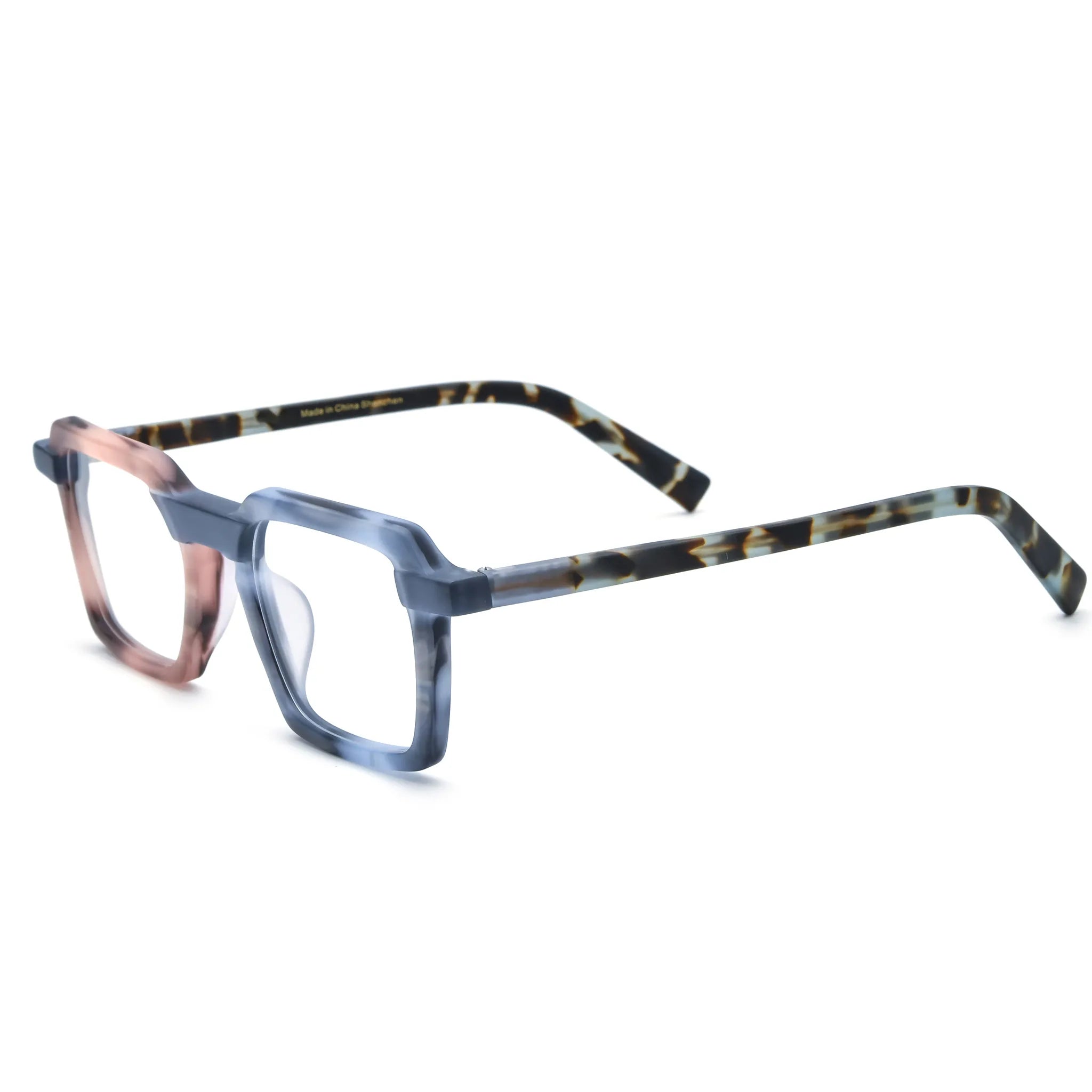 Barledear Blush Slate Tortoise square eyeglasses angled side view showing pink blue acetate and tortoise temples