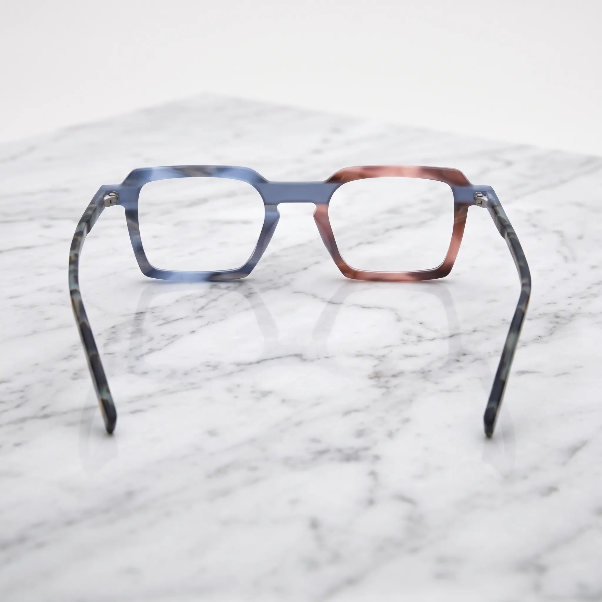 Barledear Blush Slate Tortoise eyeglasses back view showing the patchwork frame structure and molded nose pads