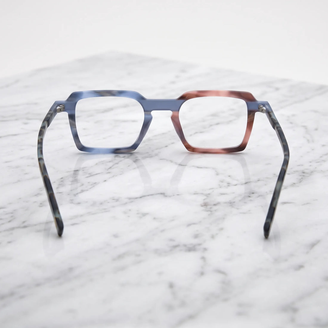 Barledear Blush Slate Tortoise eyeglasses back view showing the patchwork frame structure and molded nose pads