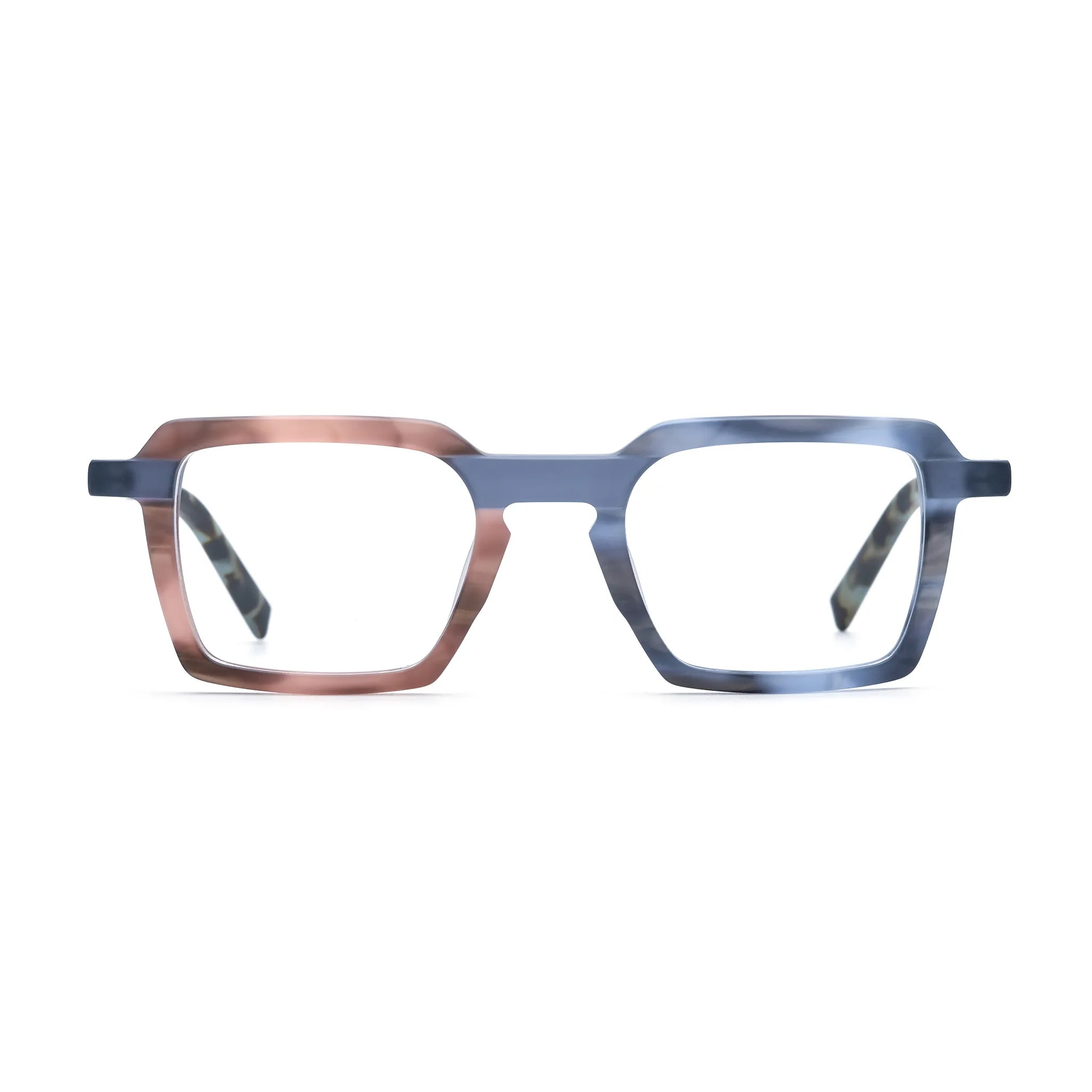 Barledear Blush Slate Tortoise square eyeglasses front view with pink and blue patchwork acetate