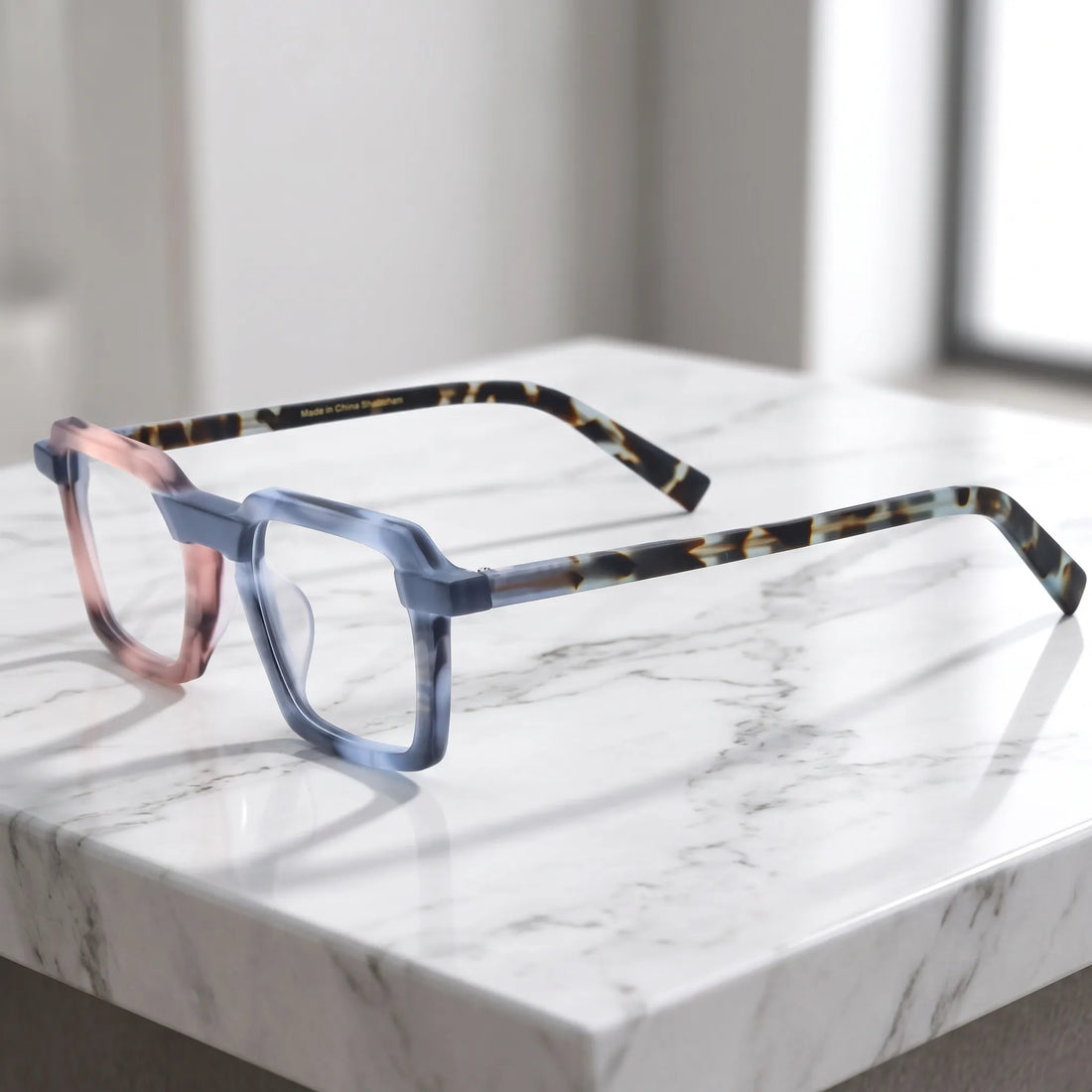 Barledear Blush Slate Tortoise square eyeglasses angled side view showing pink blue acetate and tortoise temples