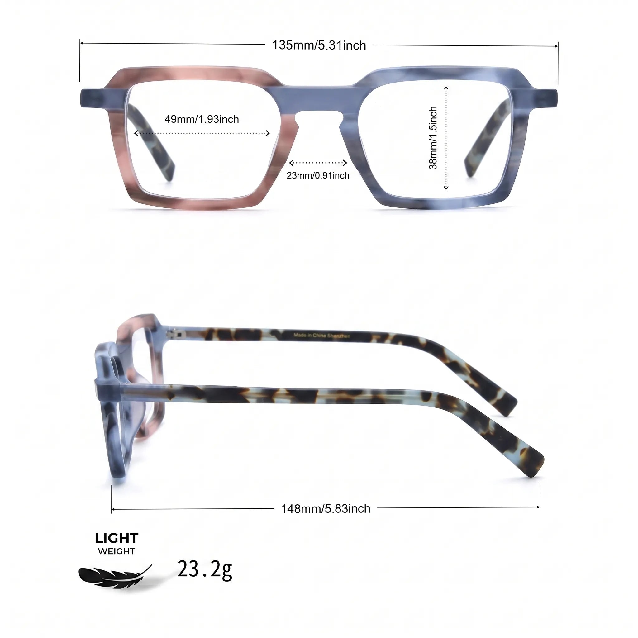 Barledear Blush Slate Tortoise eyeglasses size chart showing 135 mm frame width and 49-23-148 measurements