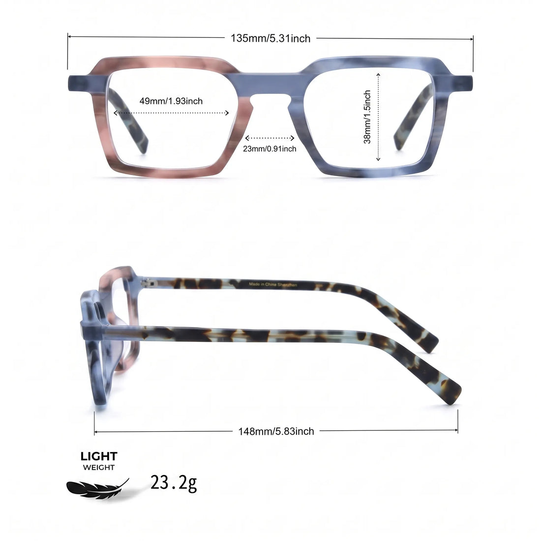 Barledear Blush Slate Tortoise eyeglasses size chart showing 135 mm frame width and 49-23-148 measurements