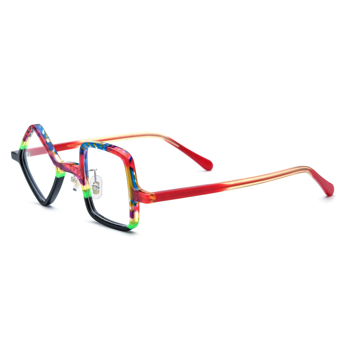 Barledear Carnival Noir asymmetric geometric acetate eyeglasses angled side view showing multicolor acetate layers, metal hinges, and slim translucent red temples.