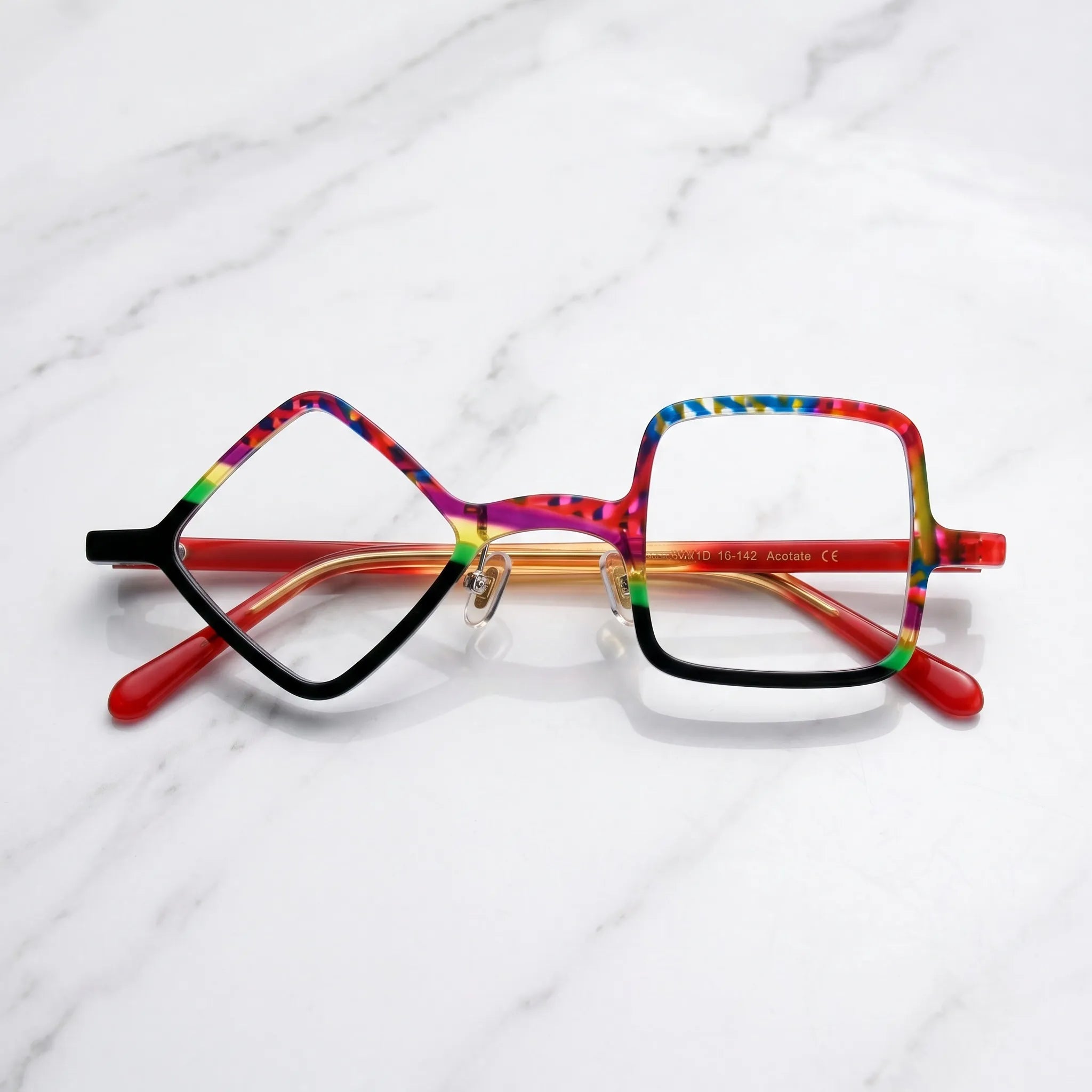 Barledear Carnival Noir asymmetric geometric acetate eyeglasses folded display showing the colorful full-rim front, adjustable nose pads, and translucent red temples.