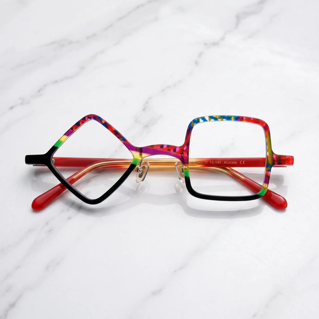Barledear Carnival Noir asymmetric geometric acetate eyeglasses folded display showing the colorful full-rim front, adjustable nose pads, and translucent red temples.