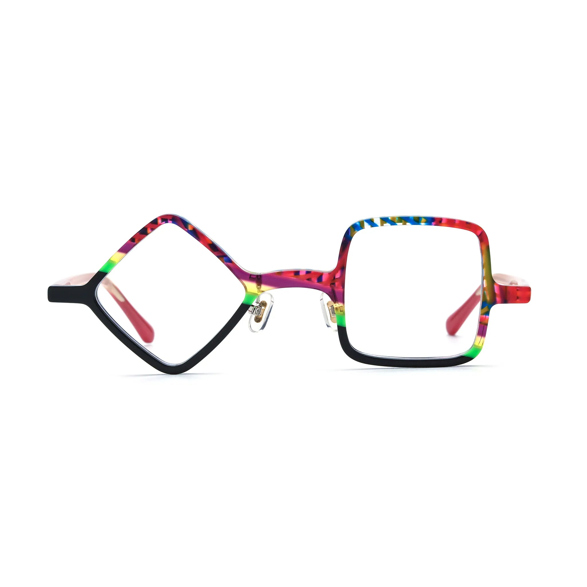Barledear Carnival Noir asymmetric geometric acetate eyeglasses front view with multicolor upper rims, black lower rims, and mismatched diamond and square lens shapes.