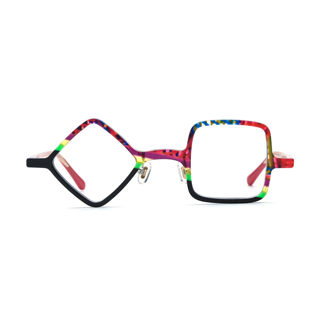 Barledear Carnival Noir asymmetric geometric acetate eyeglasses front view with multicolor upper rims, black lower rims, and mismatched diamond and square lens shapes.