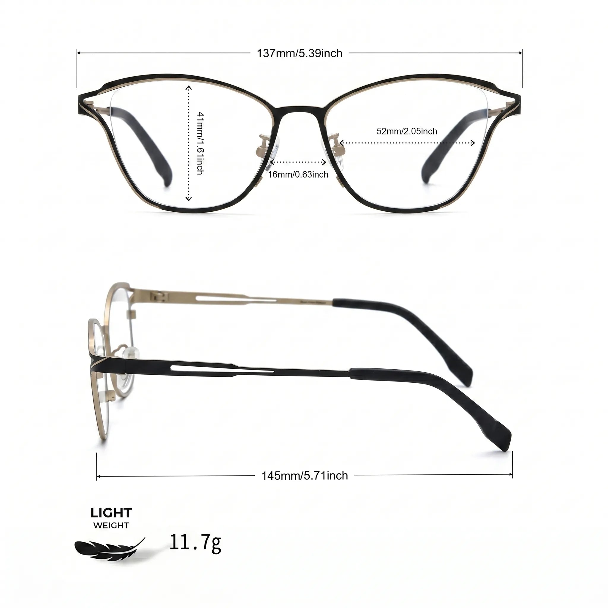 Barledear Champagne Noir eyeglasses size chart with 137 mm frame width, 52 mm lens width, 41 mm lens height, 16 mm bridge, and 145 mm temple