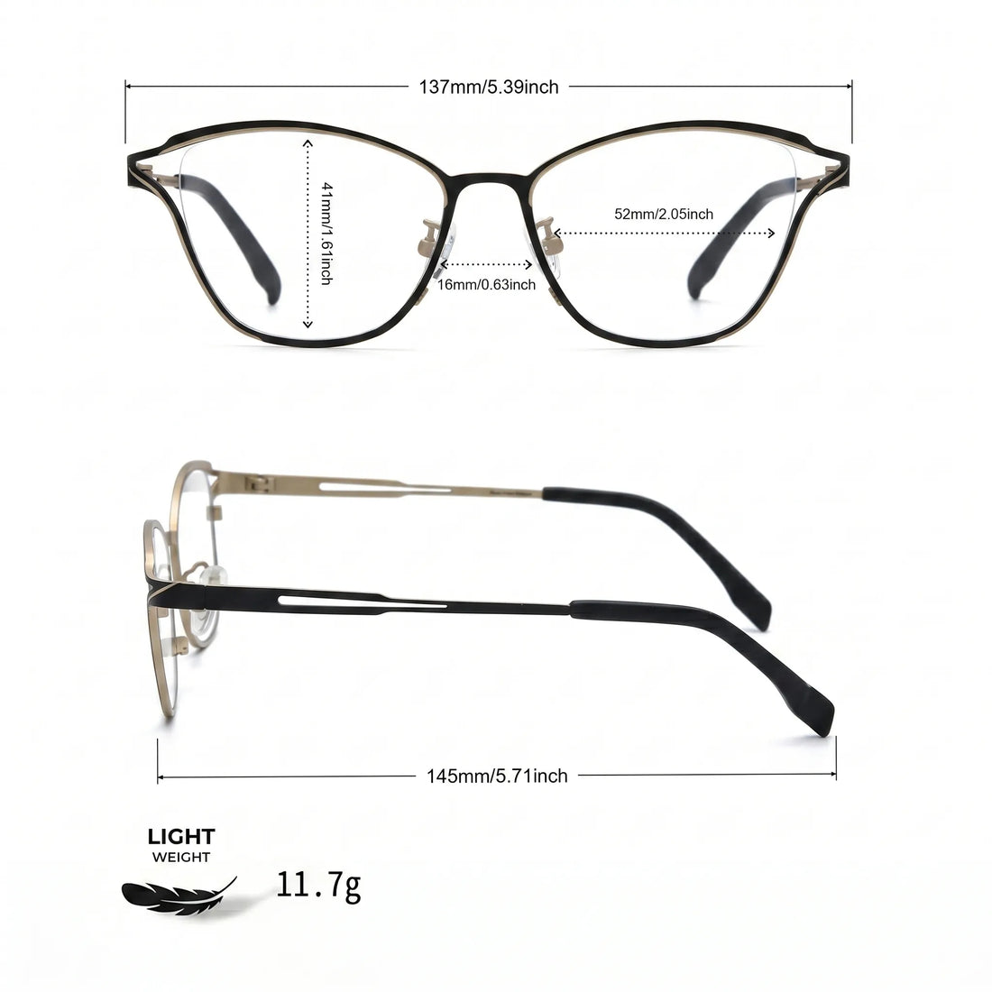 Barledear Champagne Noir eyeglasses size chart with 137 mm frame width, 52 mm lens width, 41 mm lens height, 16 mm bridge, and 145 mm temple