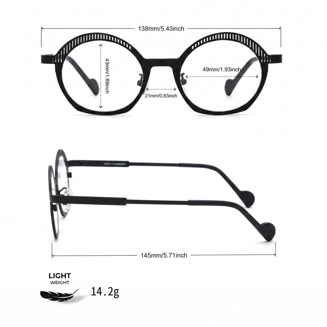 Barledear Charcoal Black eyeglasses size chart showing 138 mm frame width, 49 mm lens width, 43 mm lens height, 21 mm bridge, and 145 mm temple length
