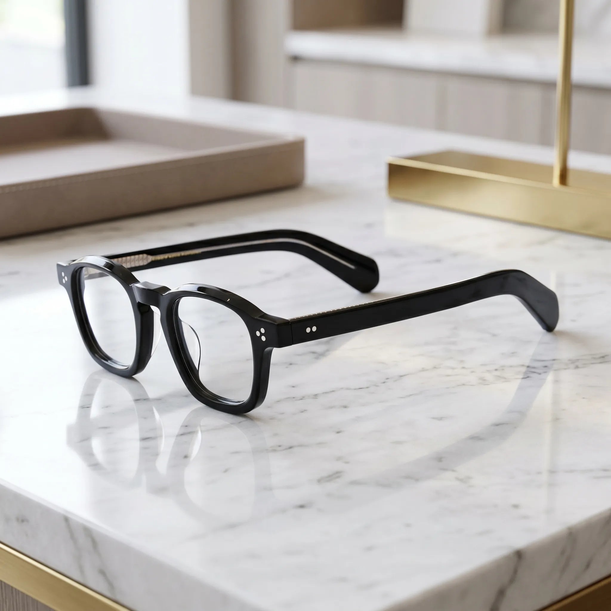 Barledear Charcoal Noir eyeglasses angled side view showing glossy acetate temples and bridge detail
