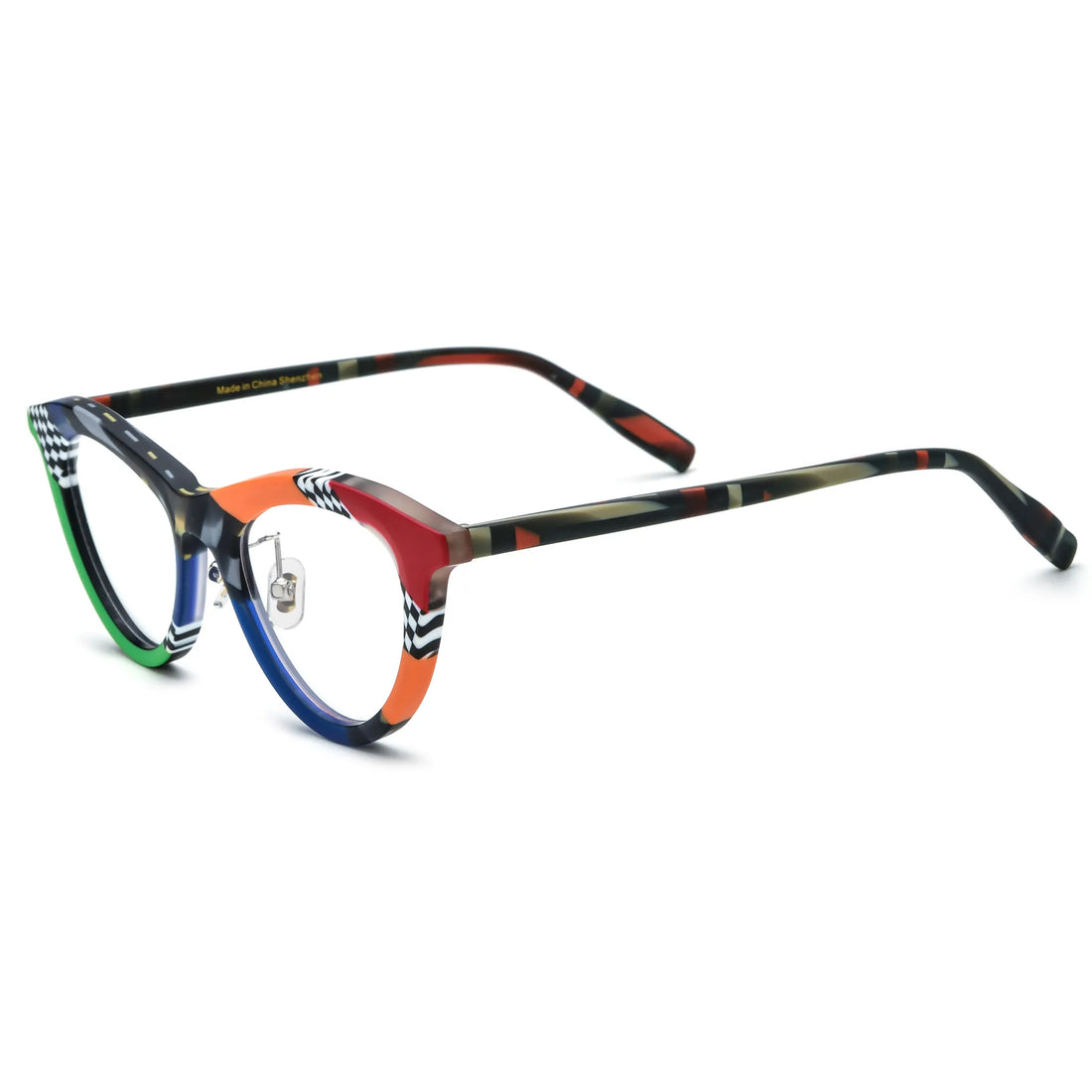 Barledear Checker Clash cat-eye acetate eyeglasses angled side view showing slim patterned temples and adjustable nose pads