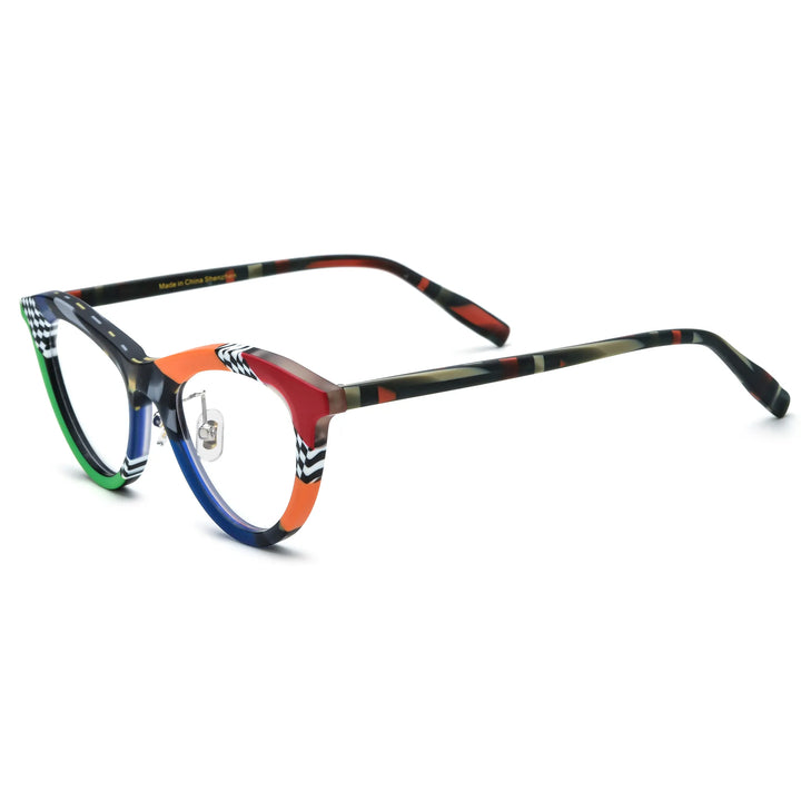 Barledear Checker Clash cat-eye acetate eyeglasses angled side view showing slim patterned temples and adjustable nose pads