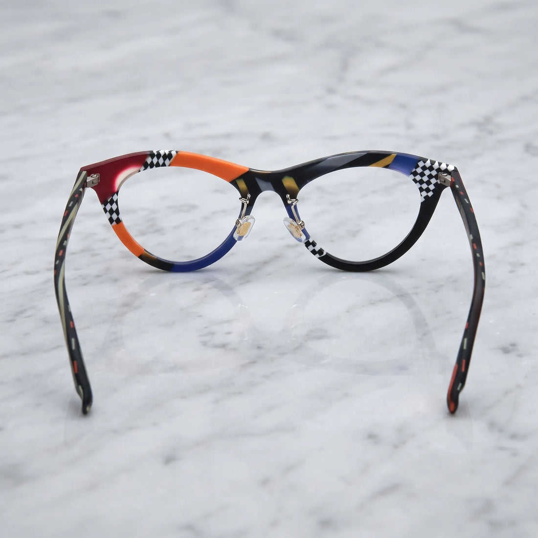 Barledear Checker Clash cat-eye eyeglasses back view showing the full-rim frame structure, adjustable nose pads, and temple design